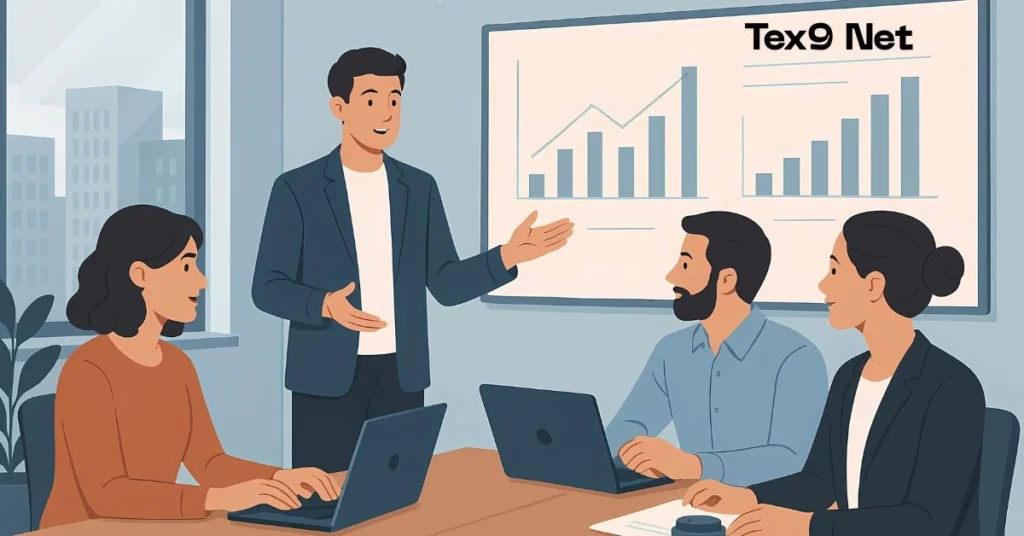 Tex9 Net team collaborating with smart digital tools in a modern workspace